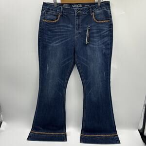 NEW Grace in LA Women Dark Wash Leopard Print Detail Flare Stretch Jeans Size 34